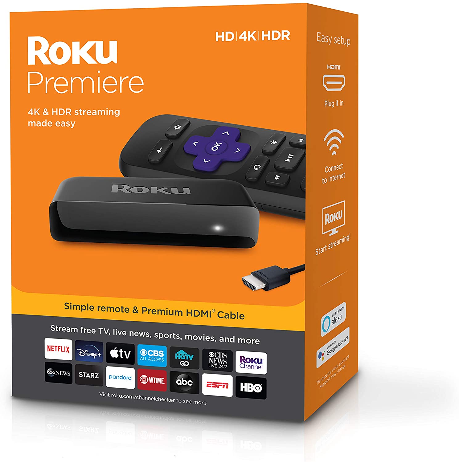 Roku Premiere HD 4K HDR Streaming Media Player, Simple Remote and Premium HDMI Cable